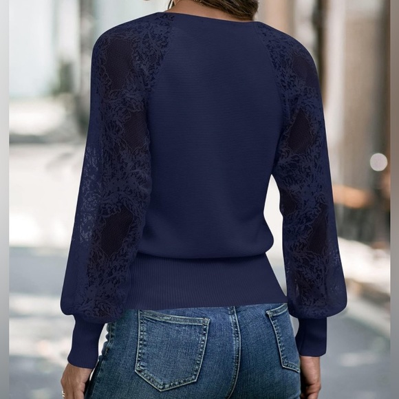 Merokeety v neck long laced sleeve ribbed pullover sweater Navy Blue XL - Picture 6 of 7